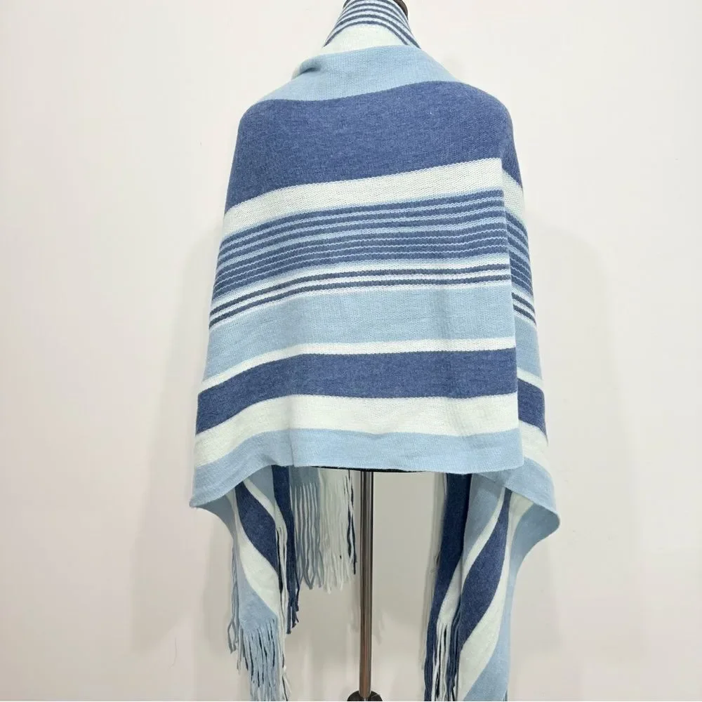 Free People Color Block Blue Stripe Oversized Fringed Edge Scarf Shawl Wrap